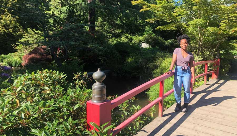 The author on a small bridge in Kubota Gardens