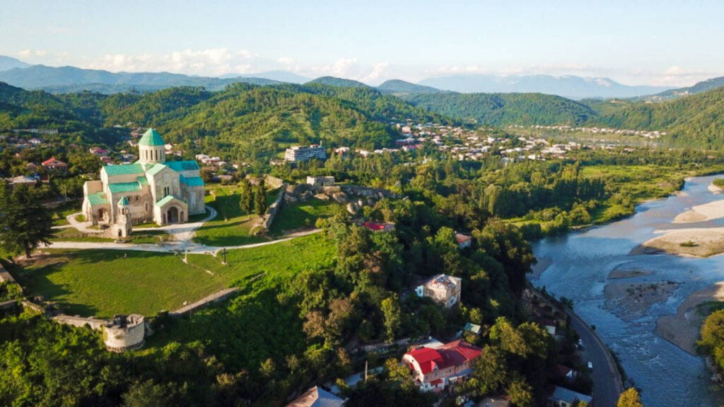 Aerial view of the Bagrati Cathedral surrounded by greenery