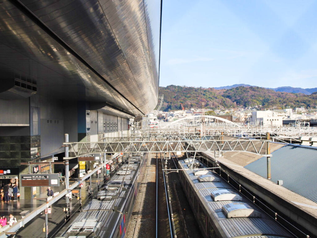 Overlooking view of the train from the upper area of Kyoto Station