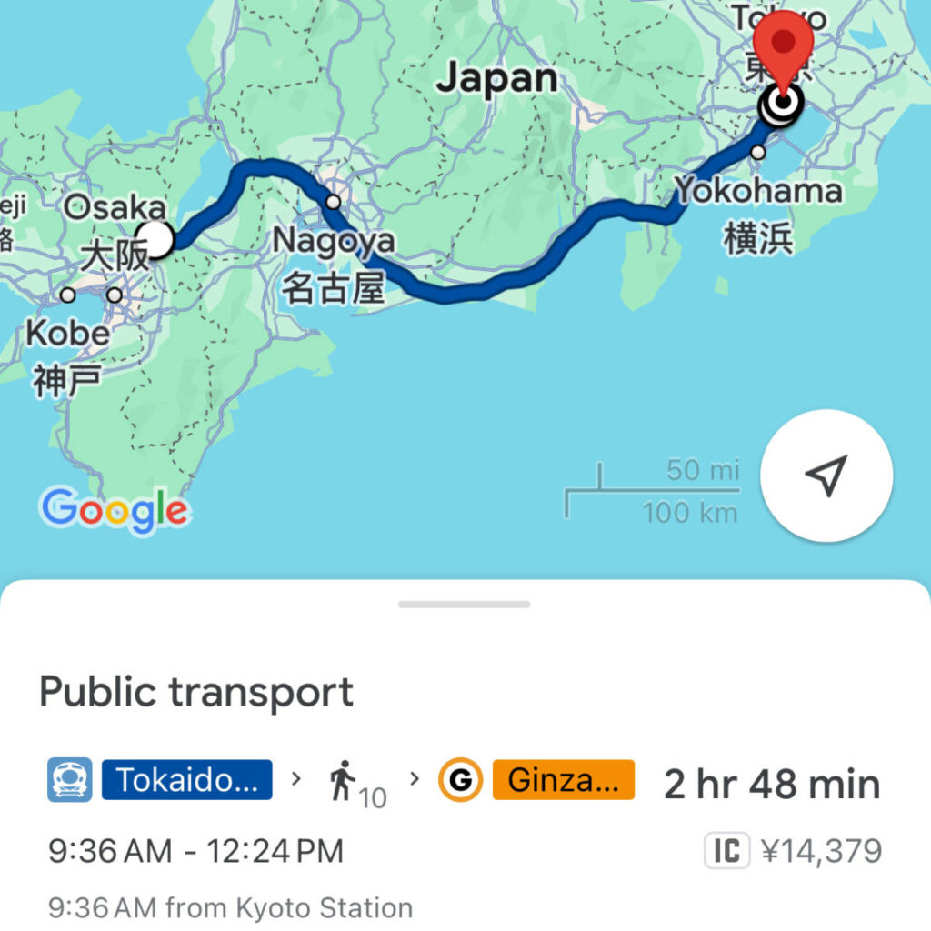The Google Maps route from Kyoto to Tokyo