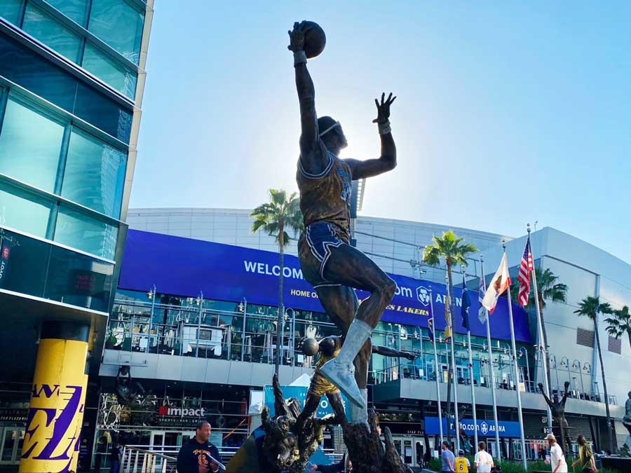The statue of Kareem Abdul-Jabbar outside L.A. Live