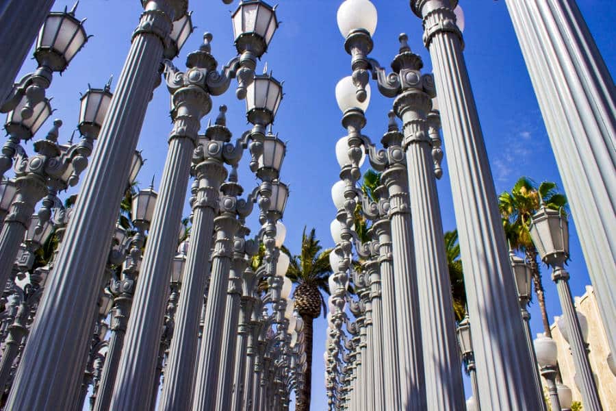View of the Urban Lights at the entrance of the Los Angeles County Museum of Art
