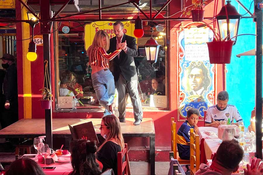 A man and a woman performing a tango in La Boca