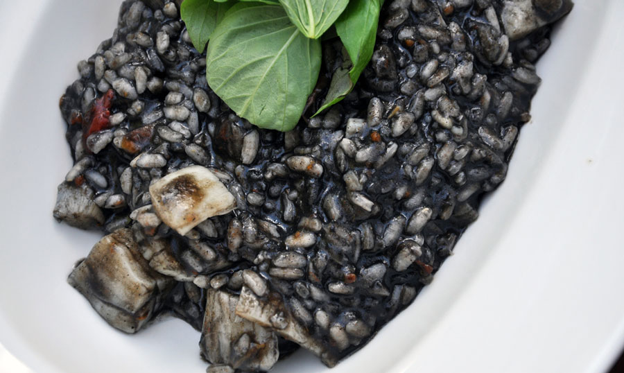 A black risotto on a plate