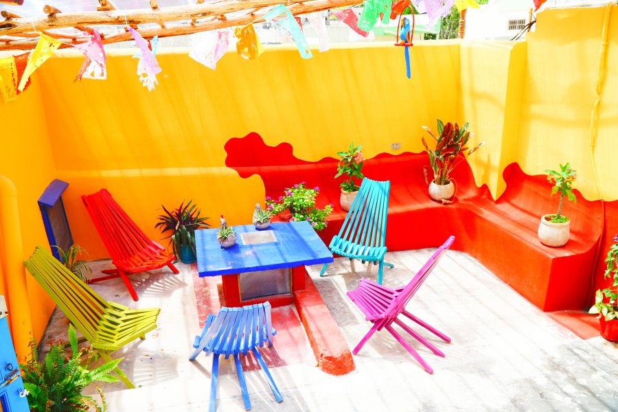 View of the colorful interior of Hostel Candelaria
