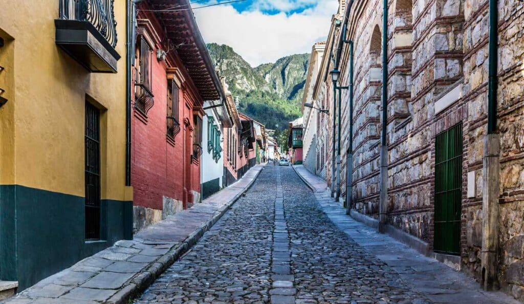 Colorful hoses at the cobbled street in La Candelaria in downtown Bogotá