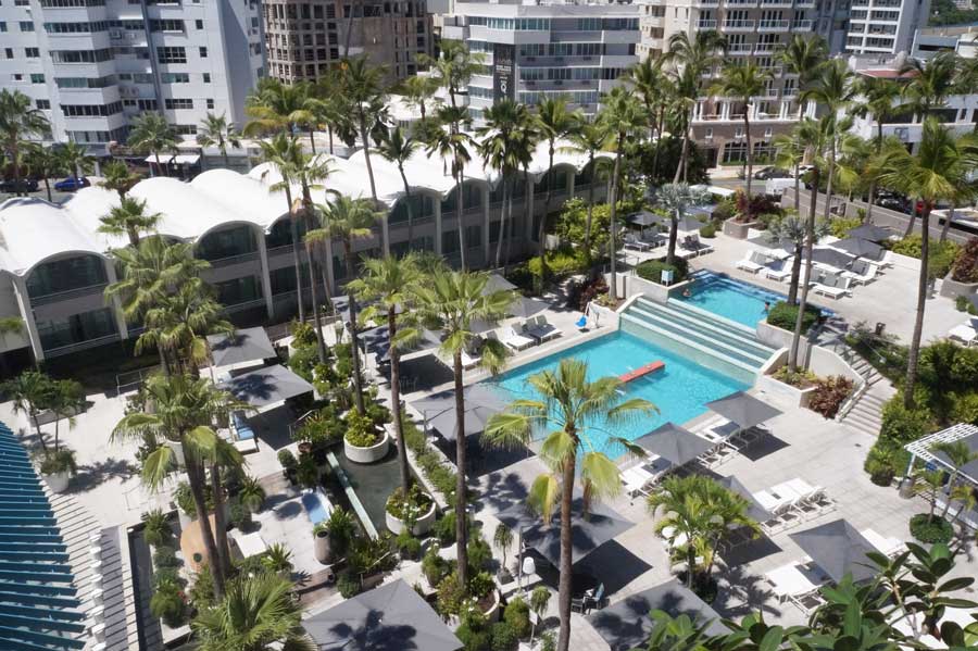 Aerial view of the pool area in La Concha Renaissance San Juan Resort