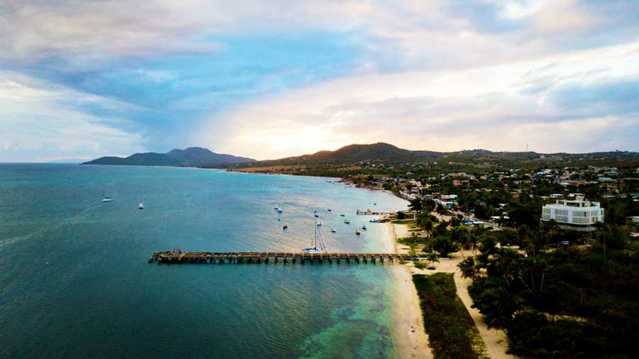 Aerial view of the bay beach in the small town of La Esperanza in Vieques
