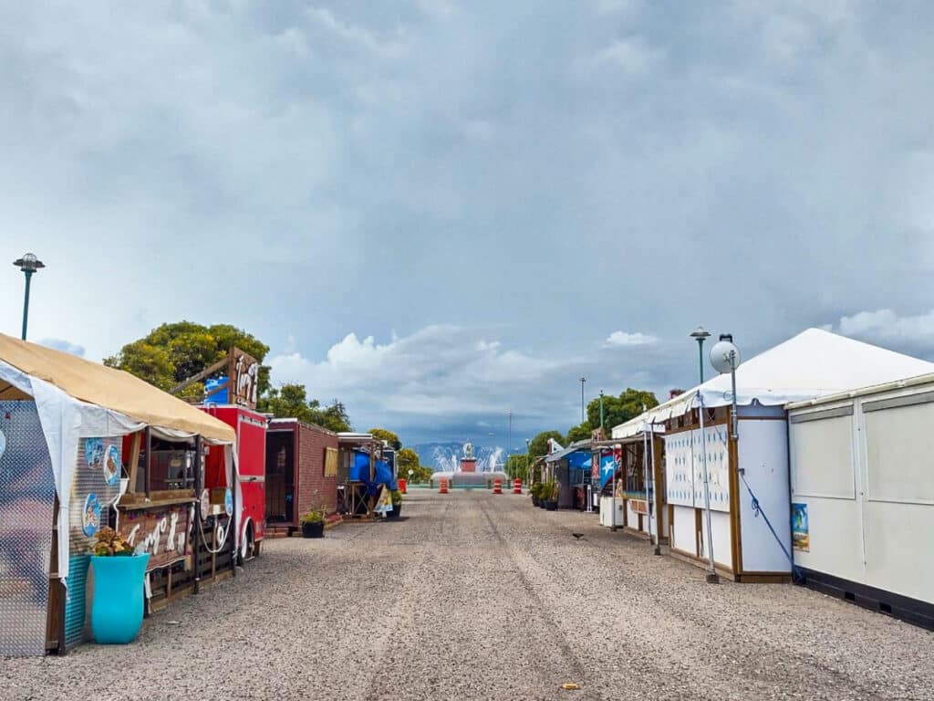 View of the lined food kiosks at La Guancha