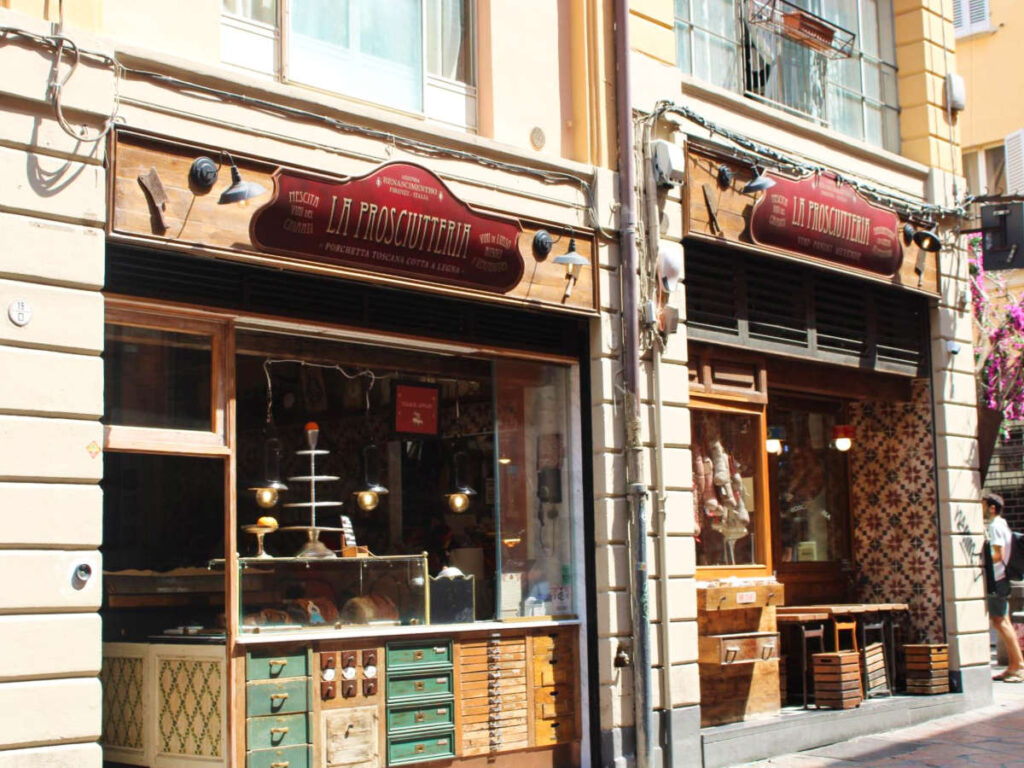 Storefront view of the La Prosciutteria in Bologna