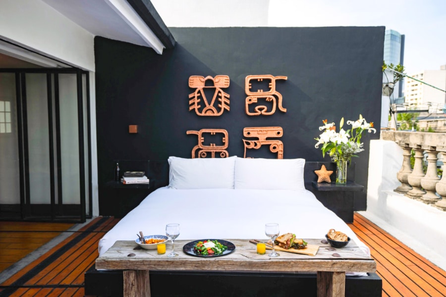 View of bed under the sky at La Valise - Mexico City