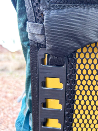 Closeup view of the ladder adjustment system of the Osprey Eja Backpack