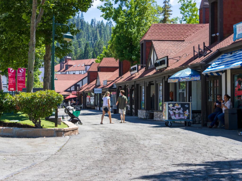 View of shops and restaurants in Lake Arrowhead Village