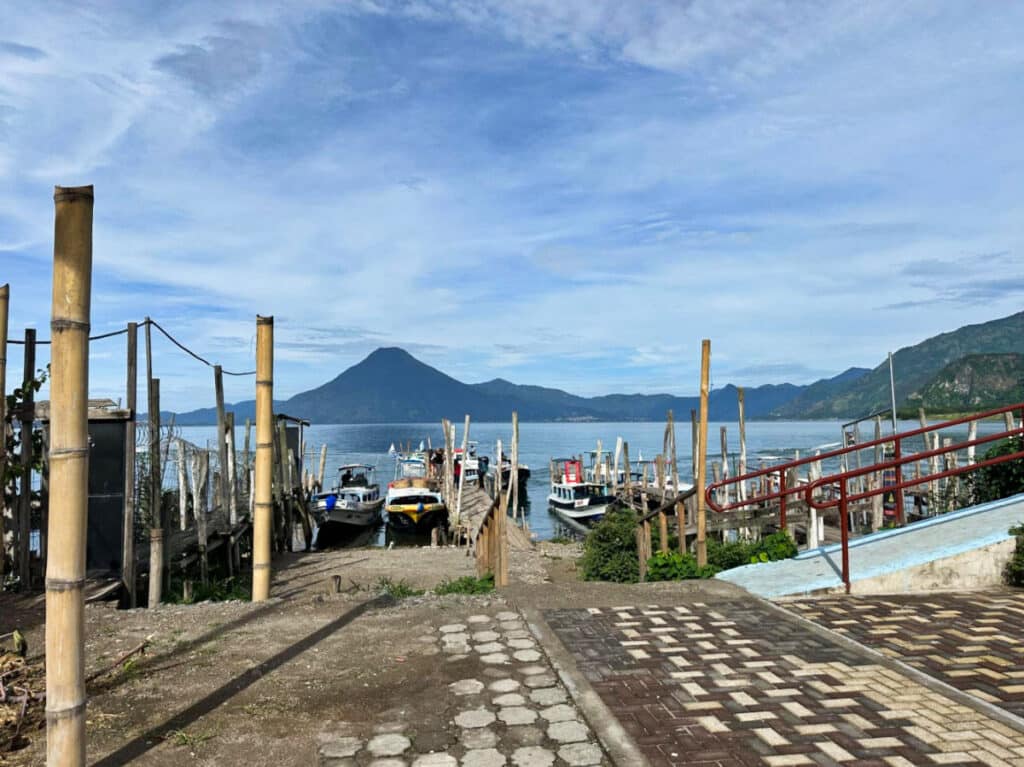Scenic view of the volcano and lake from the dock