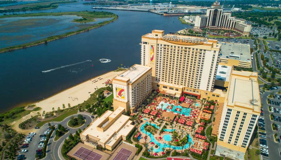 Aerial view of buildings around Lake Charles