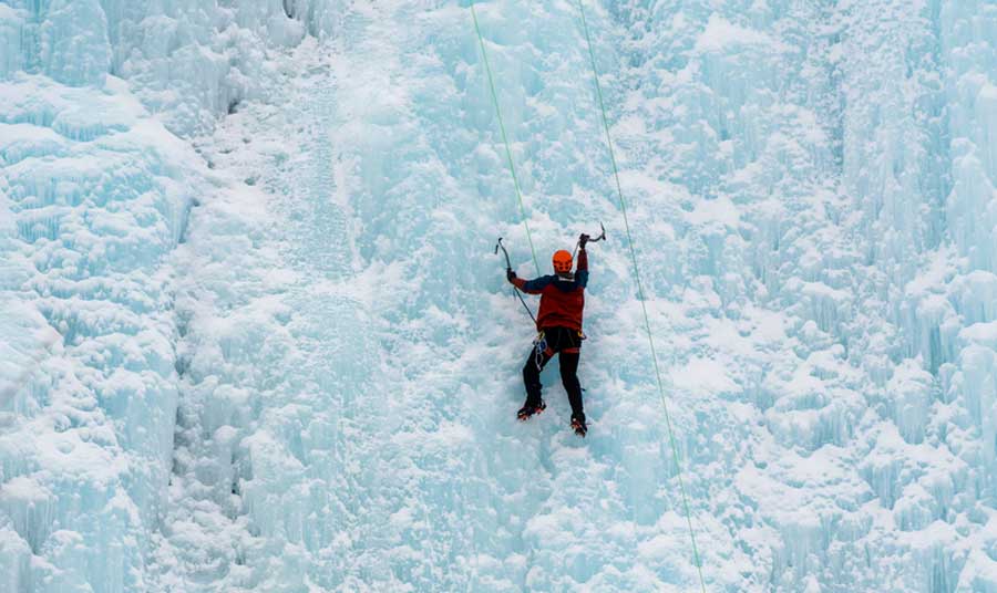 View of an alpinist competing in Lake City Ice Festival