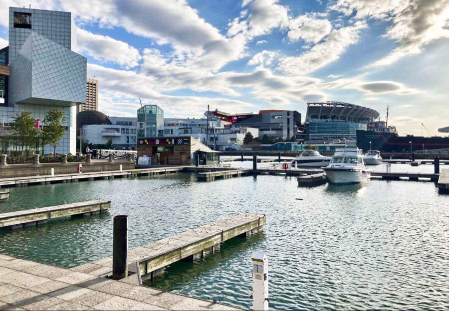 View of the Great Lakes Science Center and FirstEnergy Stadium from the harbor on Lake Erie