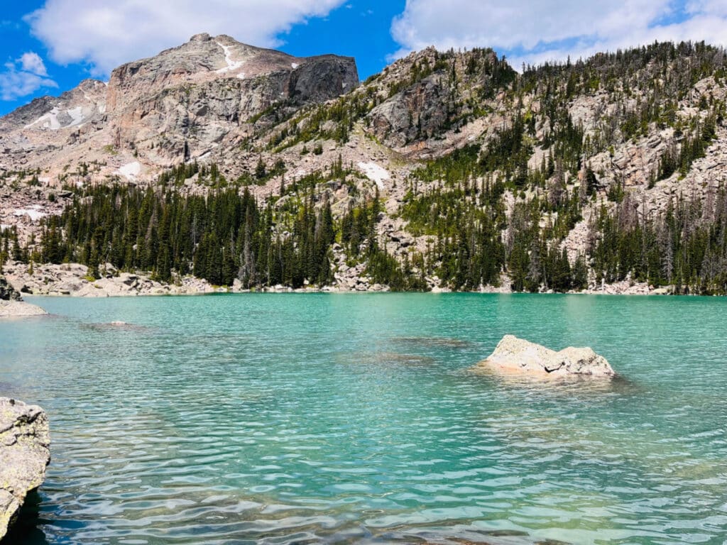 Scenic view at the clear water of Lake Haiyaha