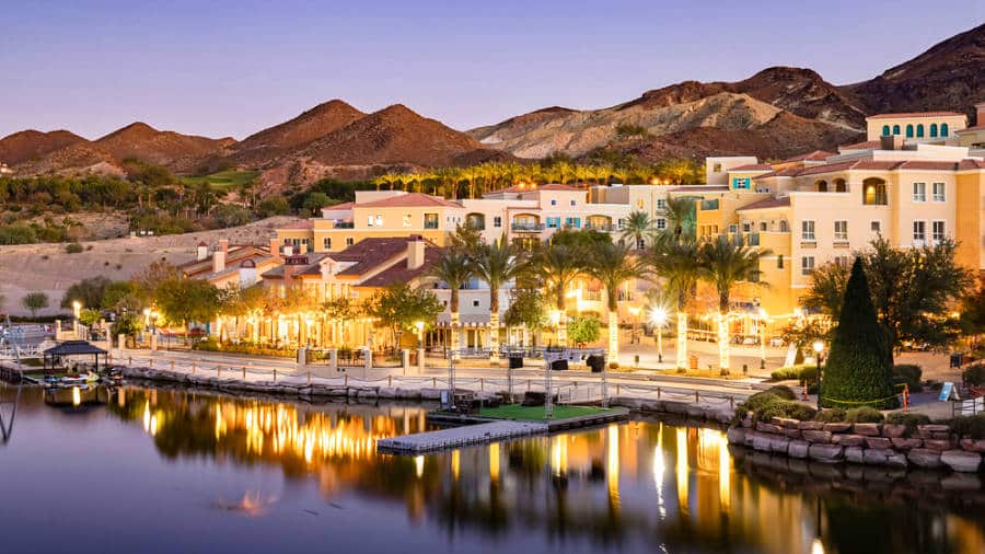 Aerial view of the beautiful landscape of Lake Las Vegas during sunset