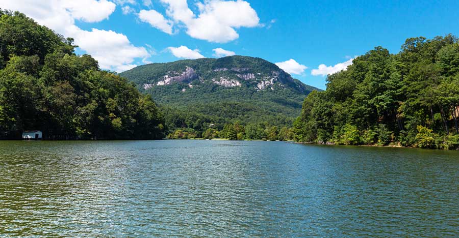 Scenic view from Lake Lure surrounded by mountains