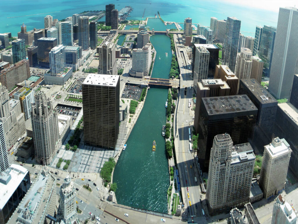 Aerial view of Lake Michigan and the Chicago River