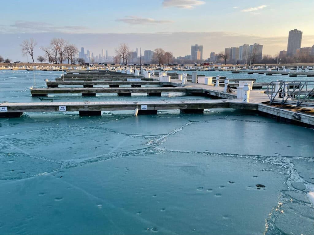 View of the frozen Lake Michigan during winter season in Chicago