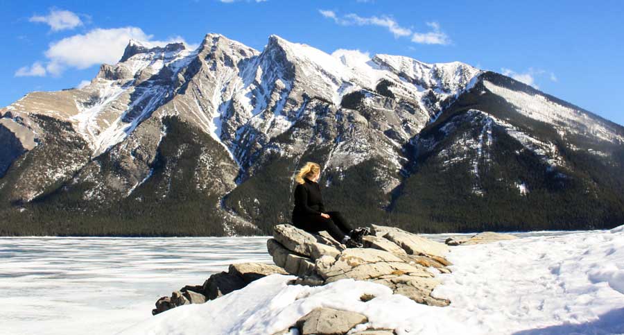 The author in Lake Minnewanka during winter season