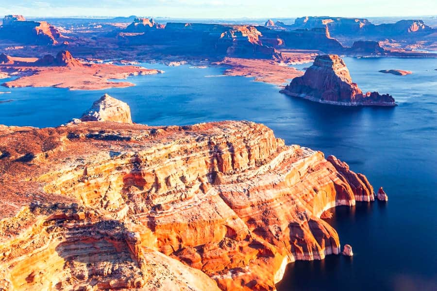 Aerial view of Lake Powell at sunset