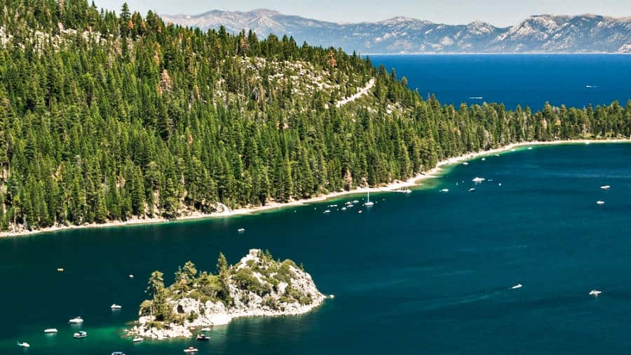 Aerial view of the clear blue water and mountain