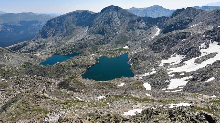 Overlooking view of the Highest Lake and Azure Lake from the Mount Ida summit