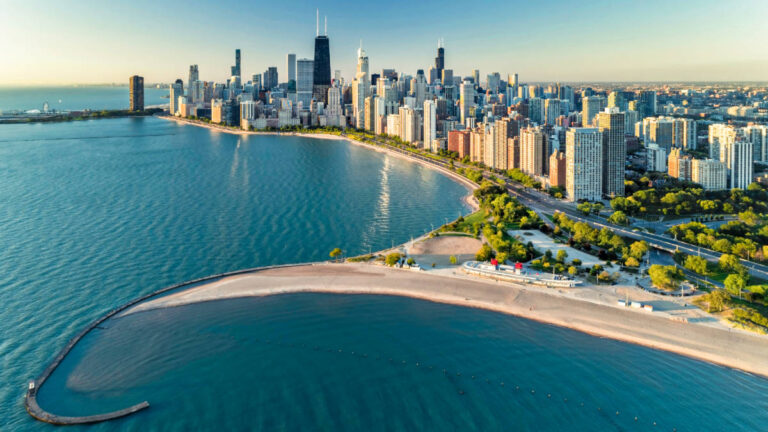 Aerial view of lake Michigan and the skyline of Chicago
