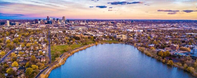 Aerial view of colorful sky over the Sloan's Lake, one of the best lakes near Denver