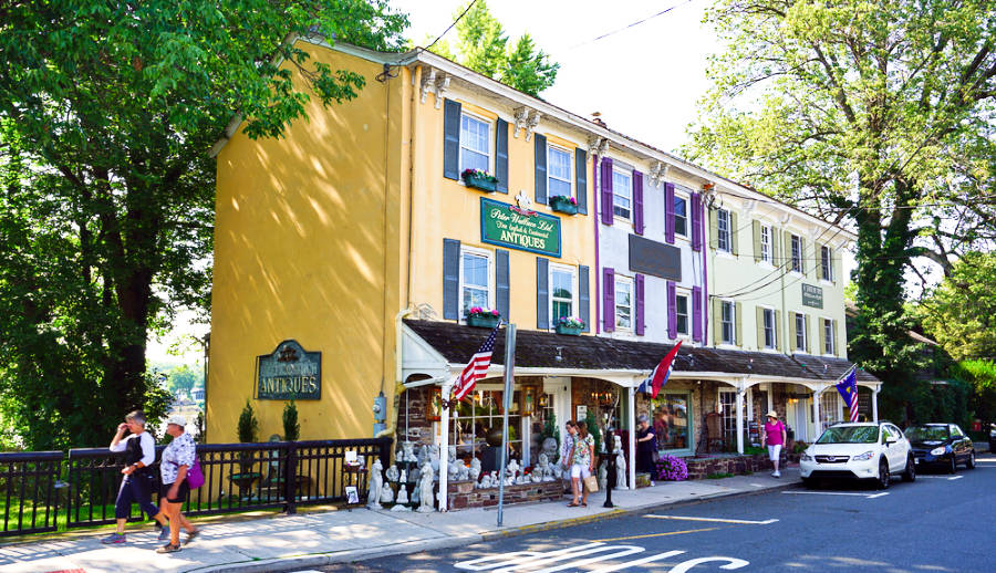 View of the vibrant and colorful town of Lambertville across the street.