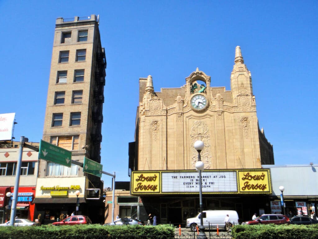 Clear blue sky over the Loew's Jersey Theatre