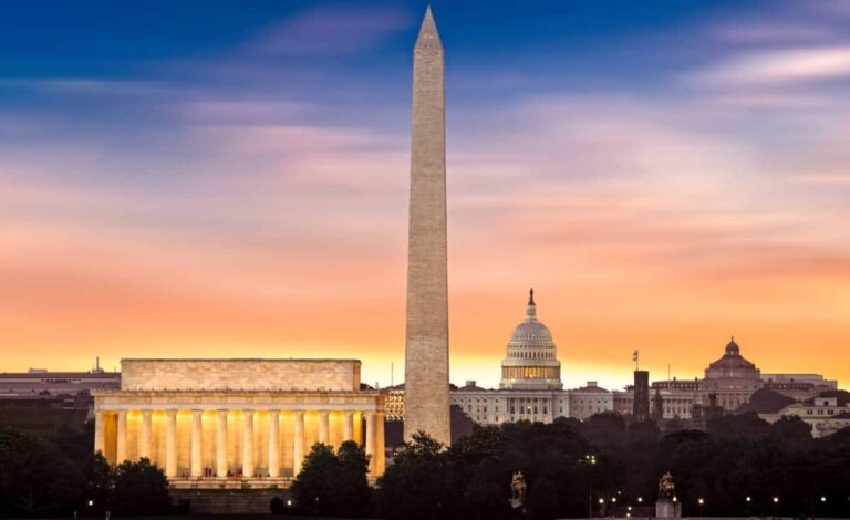 Colorful sky over the Lincoln Memorial, Washington Monument and the Capitol Building during sunrise