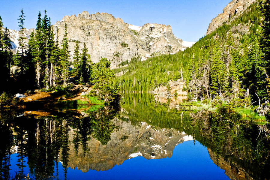 Scenic panoramic view of the mountain and trees reflected in Alpine Lake