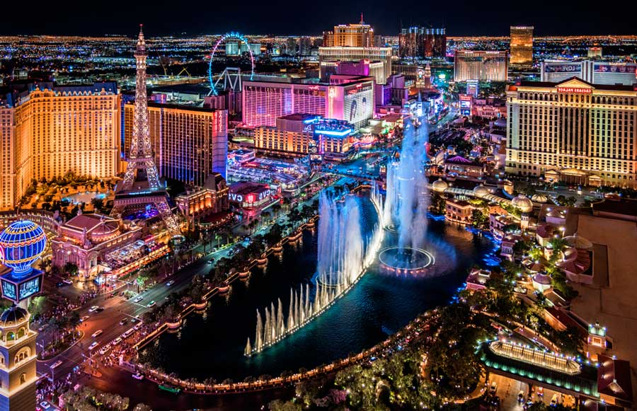 Aerial view of the Las Vegas Strip with lights at night