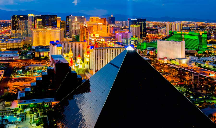 Aerial view of the buildings in Las Vegas Strip with lights at night