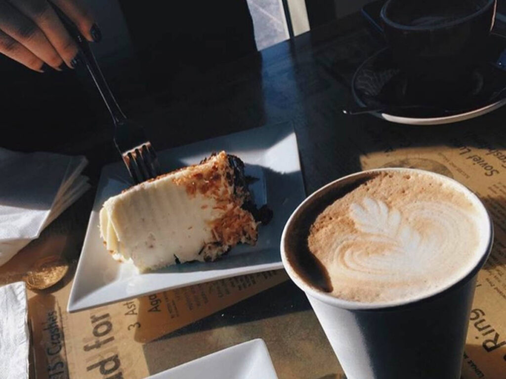View of the Lattes and baked goods at Thinking Cup