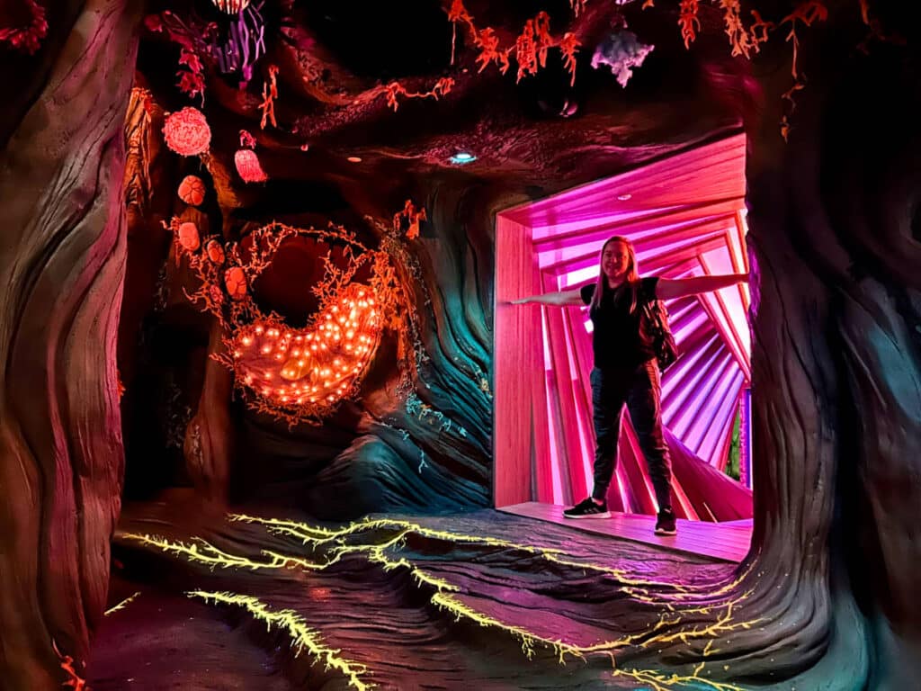 The author Laura Falin, posing at the cool interior in Meow Wolf Convergence Station