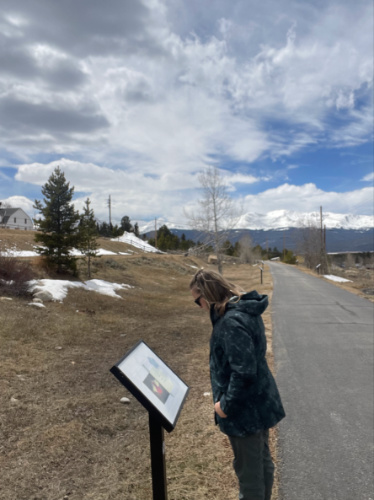 The author Laura Falin, reading the information panel on the Mineral Belt Trail