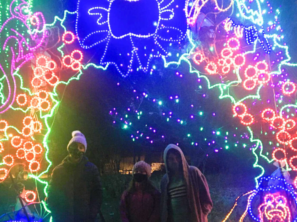 The author, Laura Falin and her family, posing for a photo in front of the Holiday lights at Denver Zoo Lights