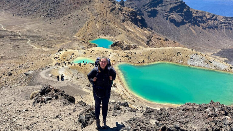 The author Laura McFarland hiking Tongariro Northern Crossing