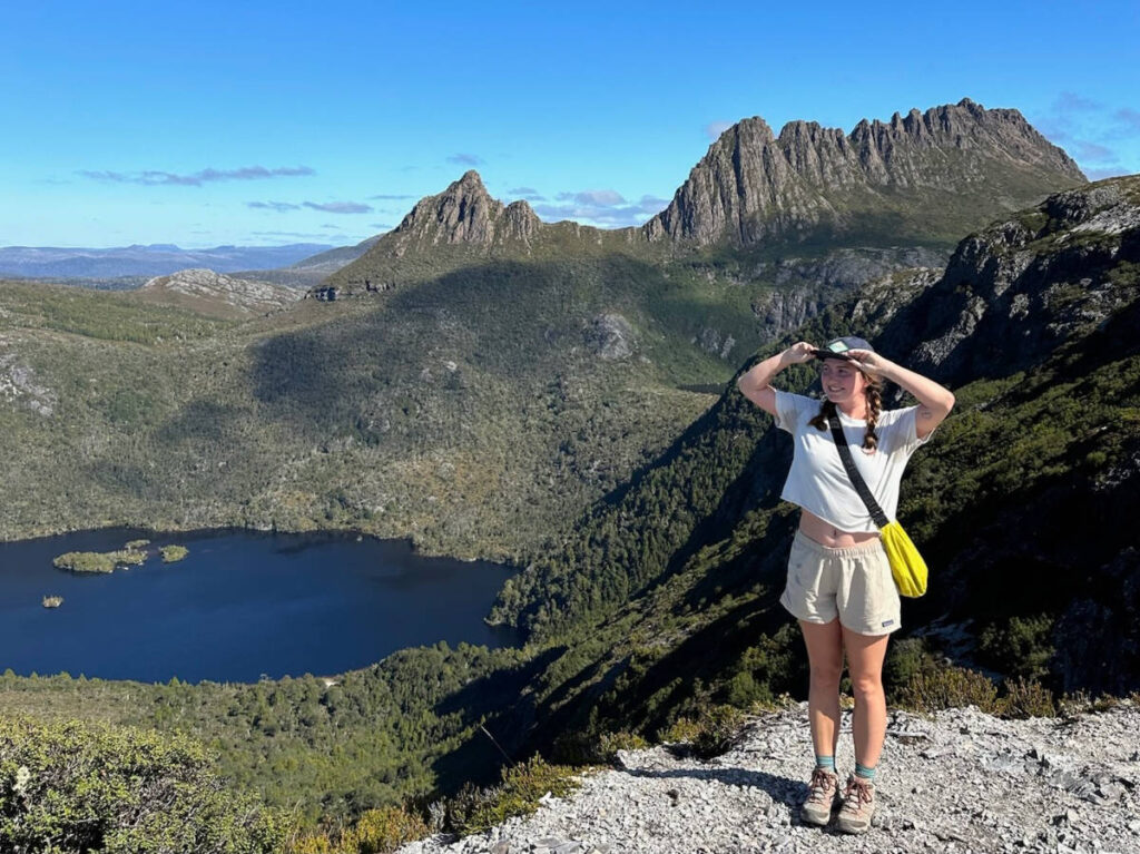 The author Laura McFarland enjoying the scenic views in Cradle Mountain National Park