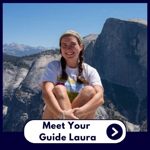 Laura McFarland with a view of a mountain on her background