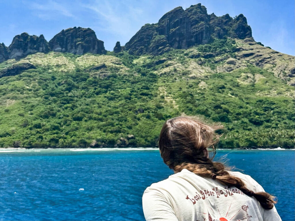 The author Laura McFarland, enjoying the overlooking view of the Island of Waya