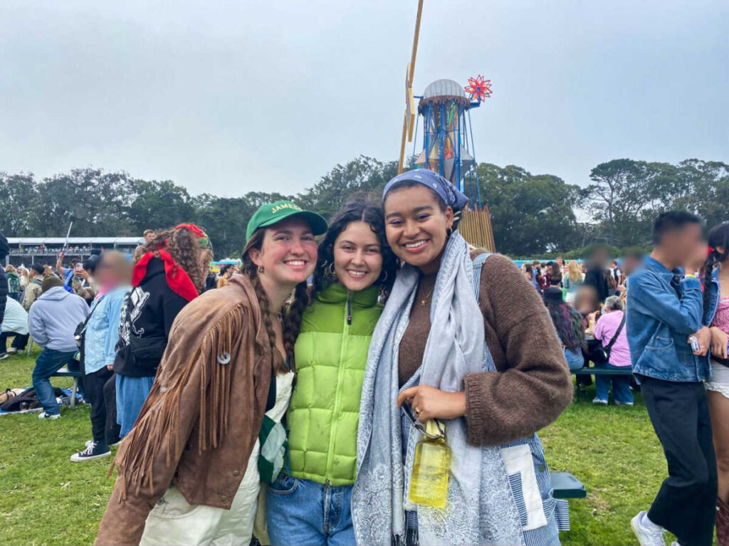 The author Laura McFarland and her friends wearing jackets at the busy park
