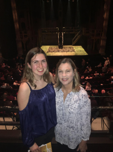 The author Laura McFarland with a companion inside the Orpheum Theater