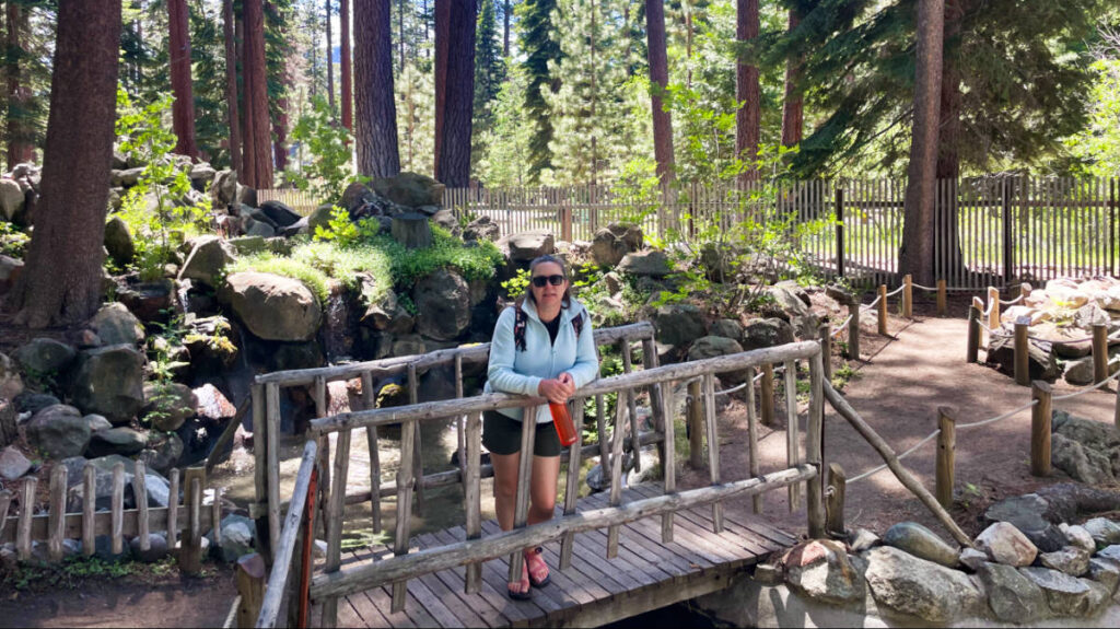 The author Laura Falin posing for a photo on the bridge in the middle of the forest