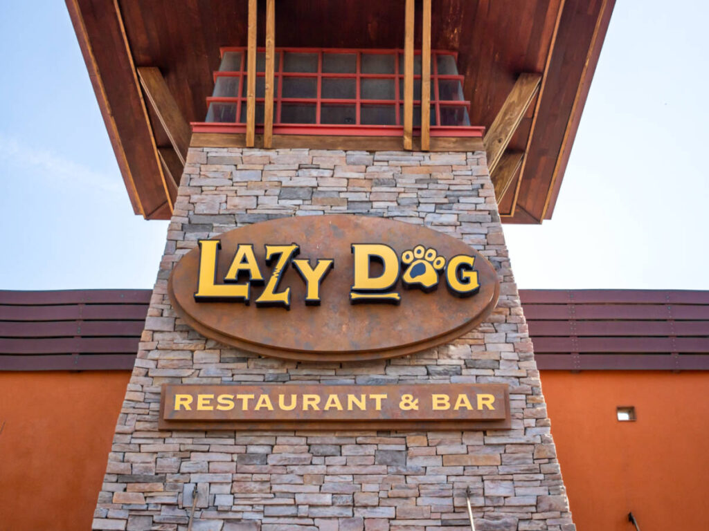 Exterior view with the signage of the Lazy Dog Restaurant